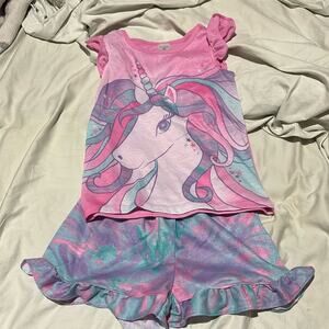 Children place 5/6 unicorn pink purple short sleeve shorts pj’s pajamas guc